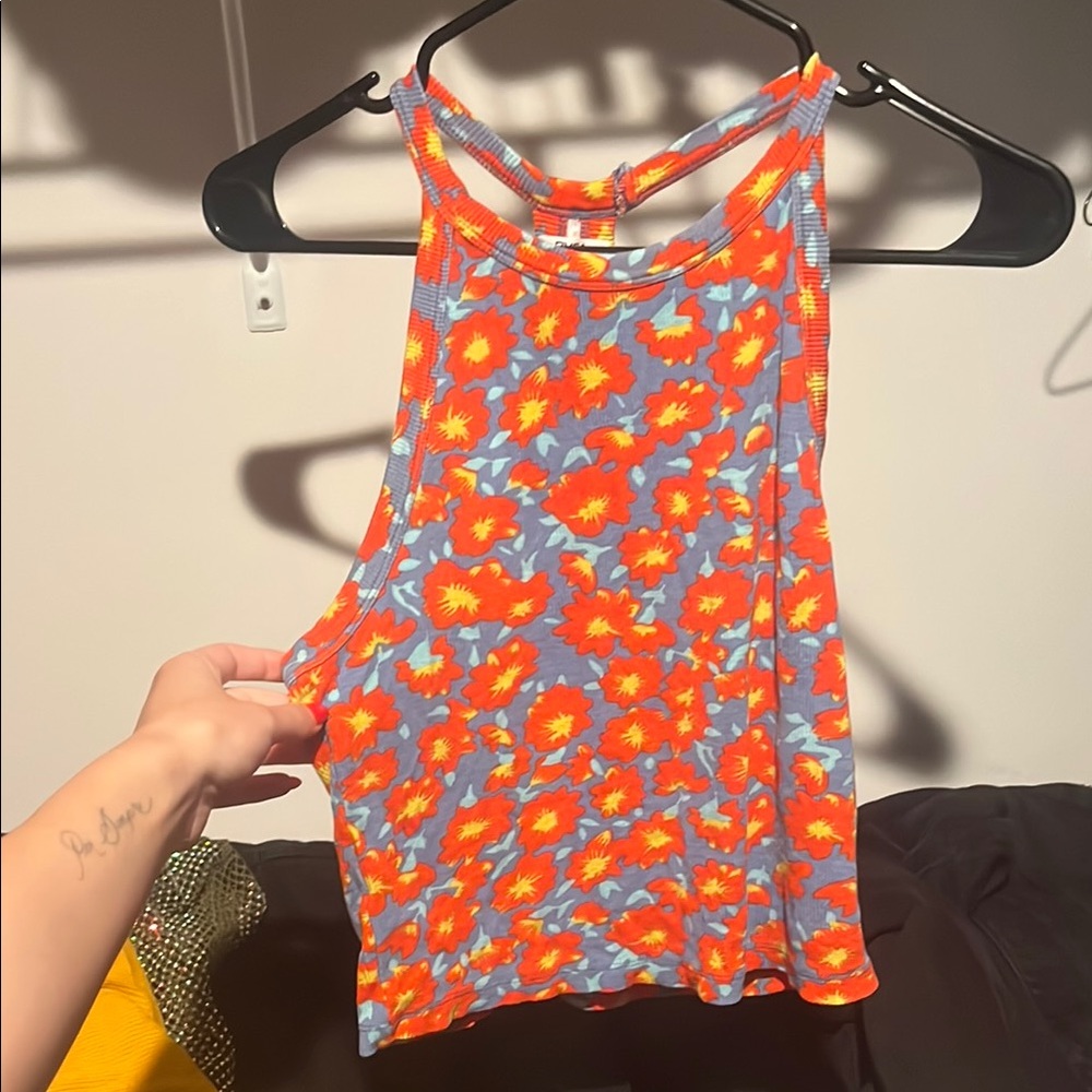 Bright Floral Sleeveless Tank Top - Orange and Blue